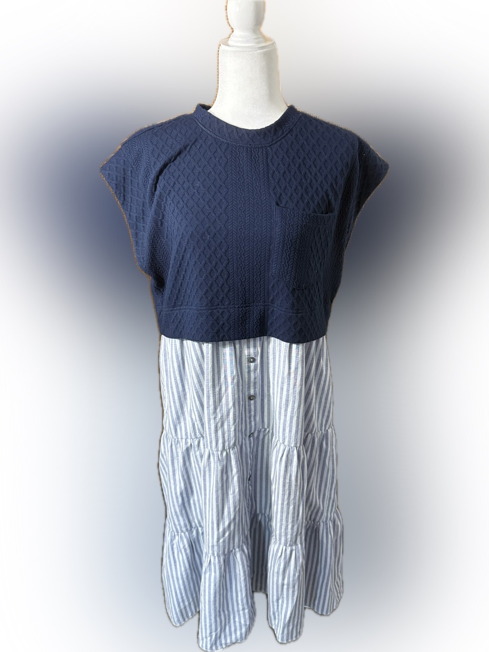 entro Navy Quilted Knit Top with Blue-White Striped Dress